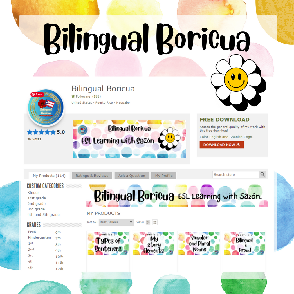 Bilingual Boricua: A TPT store tailored for English teachers in Puerto Rico, providing a wide range of English resources, from worksheets to presentations. Each product complies with PR core standards, ensuring high-quality materials to enhance cla